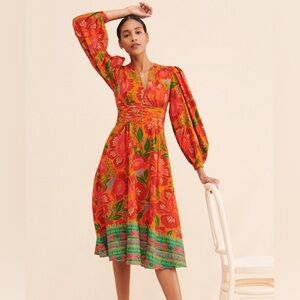 FARM RIO for Anthropologie Tropical Floral Linen Deep V Midi Dress